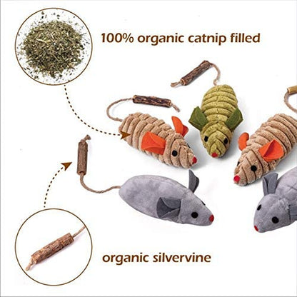 Organic Silvervine Catnip Toys - Plush Cat Chew Interactive Toys (Multicolor 5Pcs Mice) for Indoor Cats & Kittens over 6 Months Old