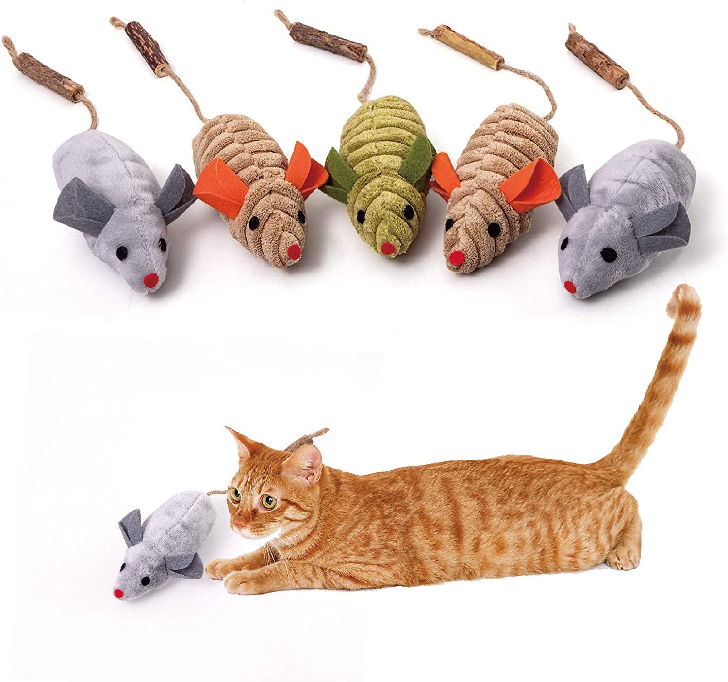 Organic Silvervine Catnip Toys - Plush Cat Chew Interactive Toys (Multicolor 5Pcs Mice) for Indoor Cats & Kittens over 6 Months Old