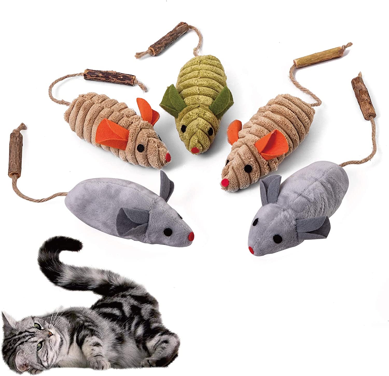 Organic Silvervine Catnip Toys - Plush Cat Chew Interactive Toys (Multicolor 5Pcs Mice) for Indoor Cats & Kittens over 6 Months Old